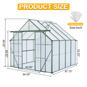 Double Door Polycarbonate Greenhouse Raised Base And Anchor Aluminum Heavy Duty Walk-in Greenhouses For Outdoor Backyard In All Season (Option: Green-8x8FT)